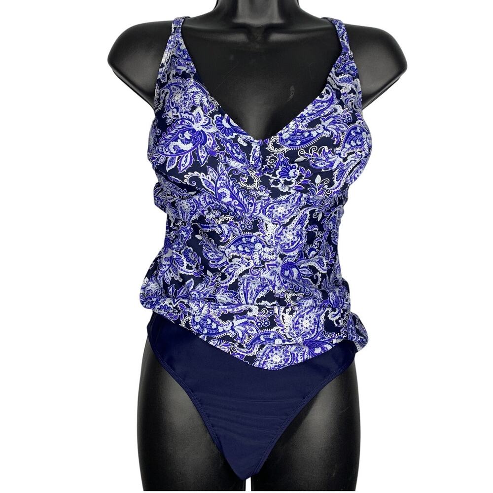 Beach Party 2 Piece Tankini Set Women's 12 Navy Blue Paisley Adjustable Strap